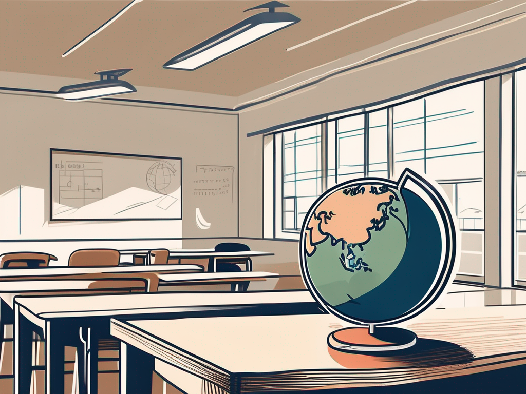 An international school building in austria with an apple and a globe on a teacher's desk inside a classroom