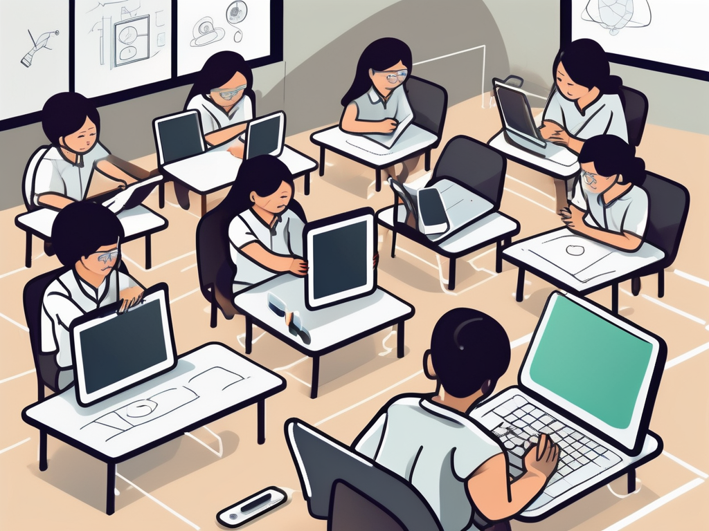 A thai classroom setting with interactive digital tools like tablets on the desks