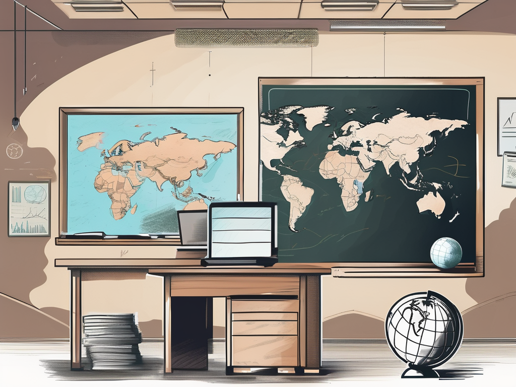 A classroom setting in dubai with a chalkboard displaying various currencies