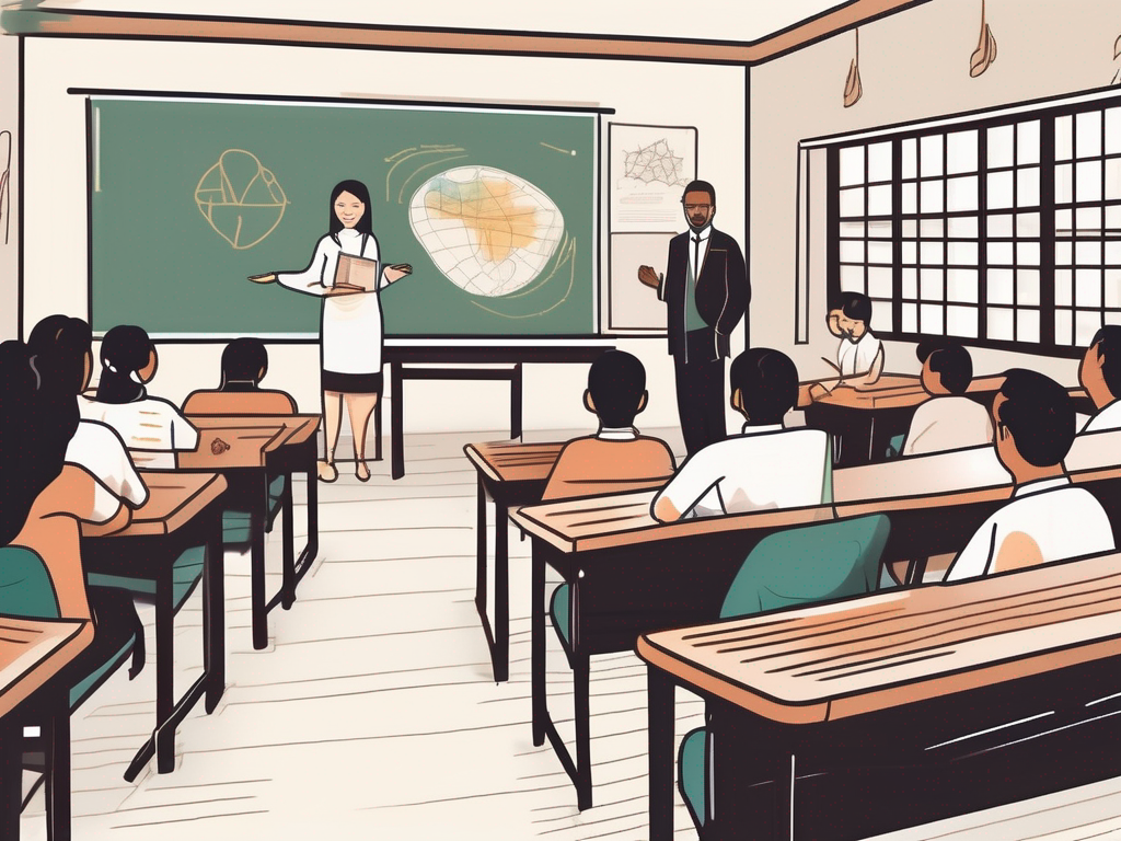 A school building with a global map in the background