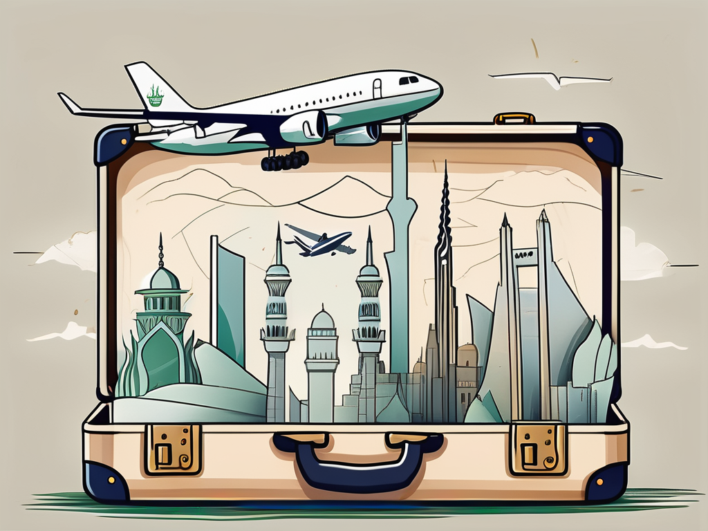 A suitcase adorned with saudi arabian landmarks