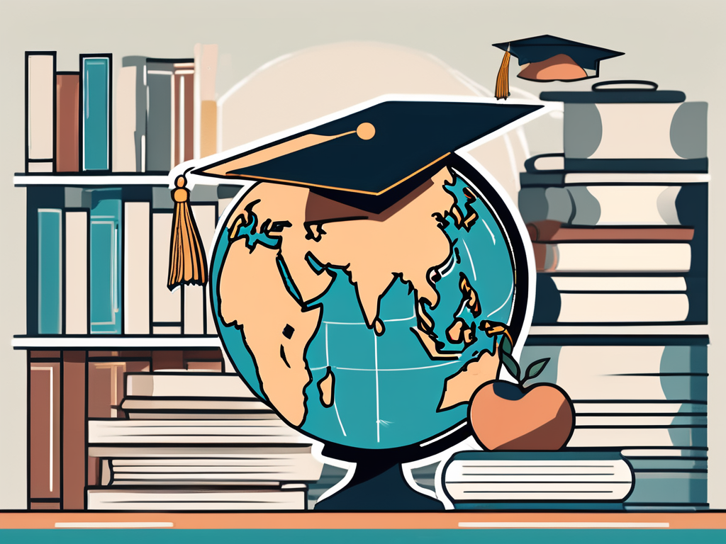 A classroom setting with various symbolic elements such as a stack of books