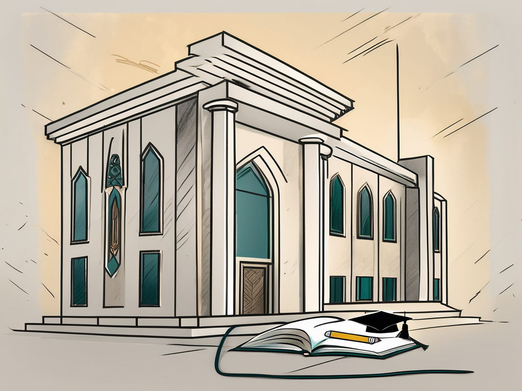 A saudi arabian university building with symbolic elements such as a broken pencil