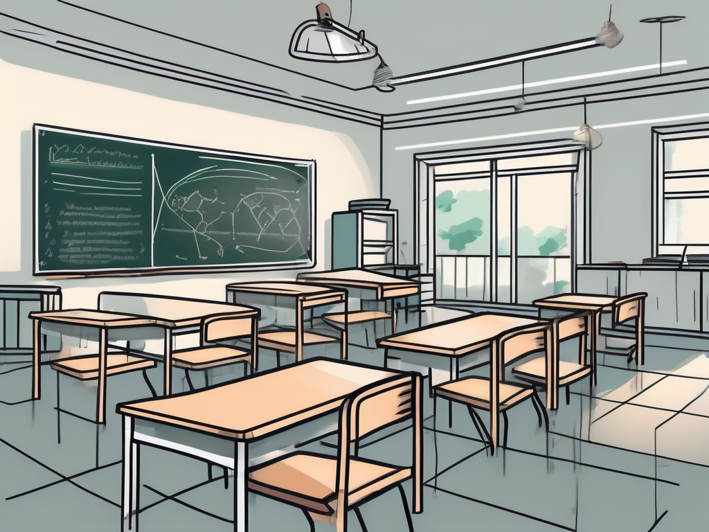 A classroom setting with various symbolic obstacles such as a language barrier represented by a brick wall
