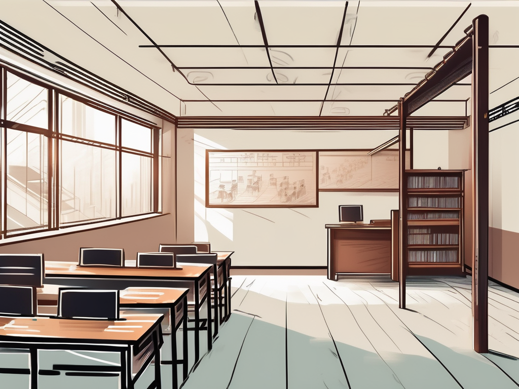 A traditional chinese classroom setting with a ladder ascending towards a modern