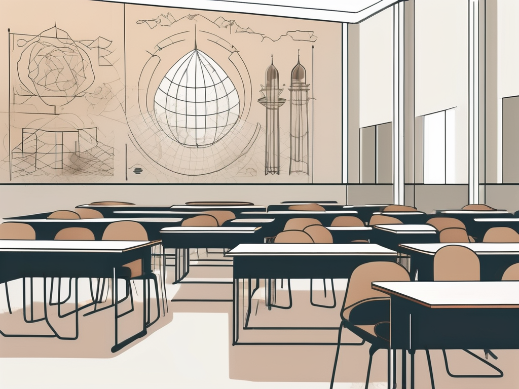 A classroom setting with diverse cultural symbols from around the world