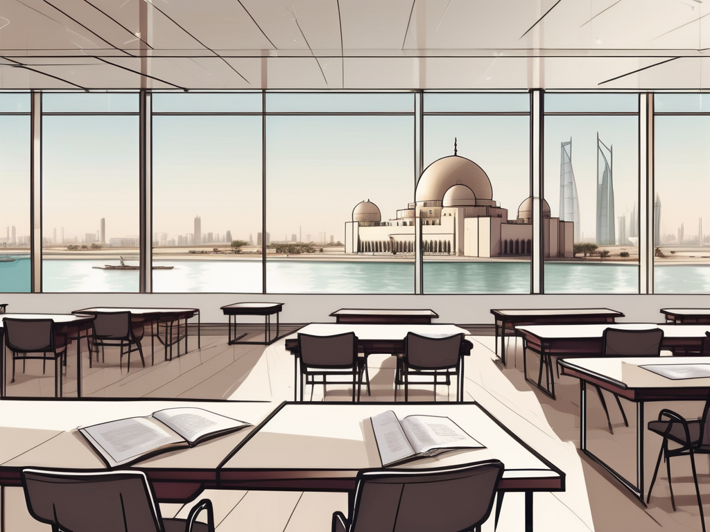A classroom setting with a view of qatari landmarks like the museum of islamic art and the pearl-qatar in the background
