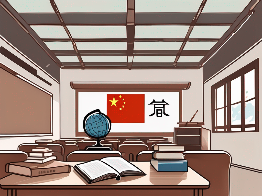 A classroom setting in china with various bilingual education tools such as textbooks in both english and chinese
