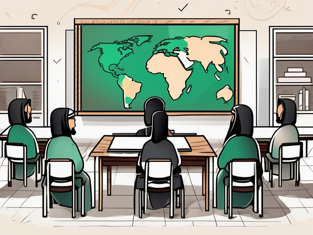 A classroom setting with a mix of saudi arabian cultural elements and international educational tools