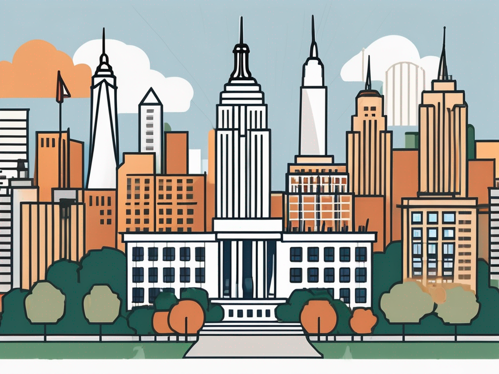 An international school building in new york with various national flags fluttering