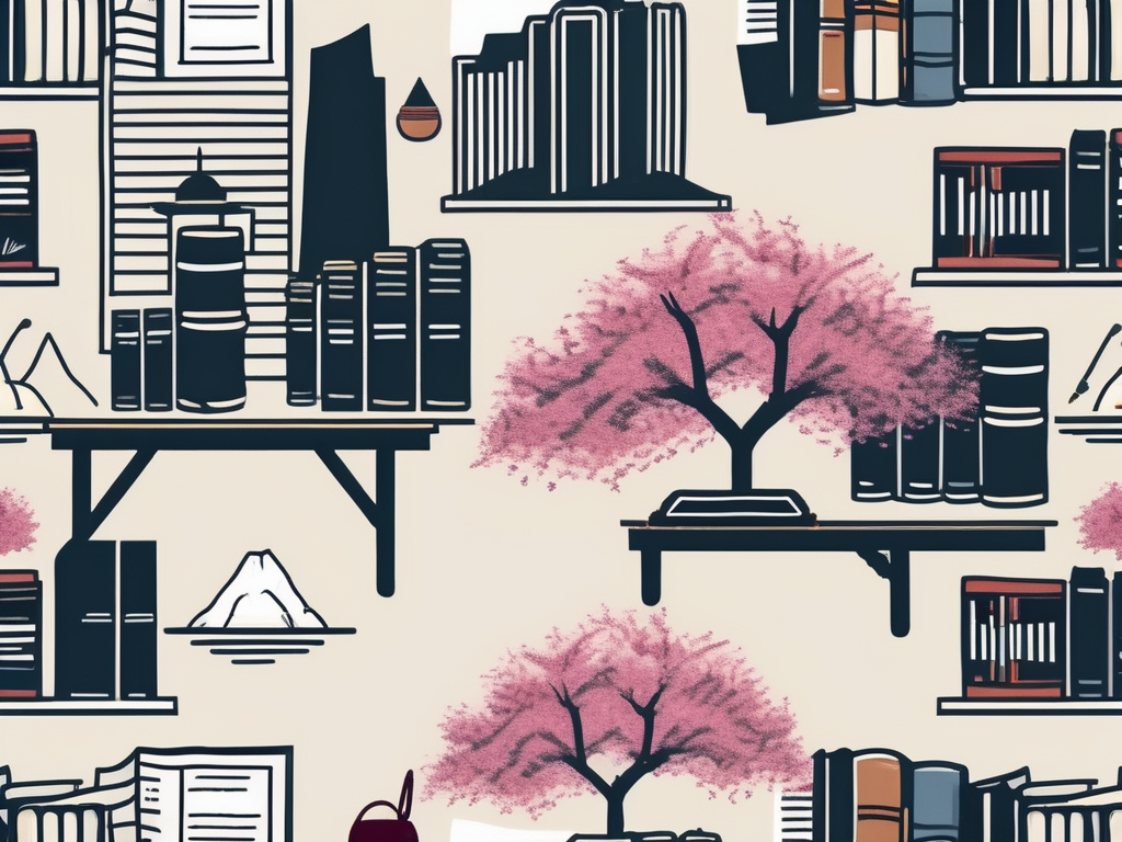 A classroom setting with iconic symbols from both japan (like cherry blossom trees and mount fuji) and qatar (such as the doha skyline and desert landscape)