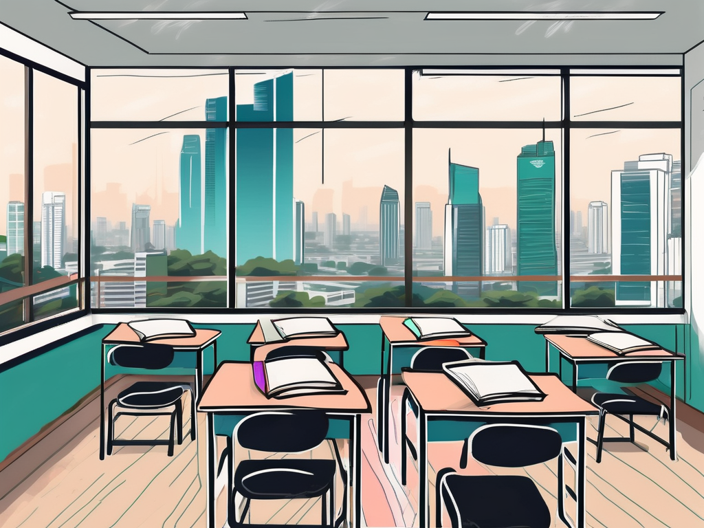 A vibrant classroom setting in bangkok with english textbooks on the desks