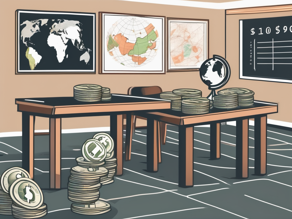 A classroom setting in singapore with a chalkboard displaying various international currencies