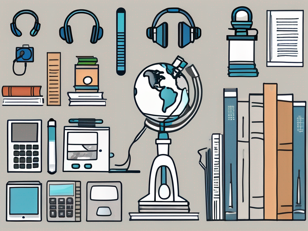 Six different teaching aids such as a globe