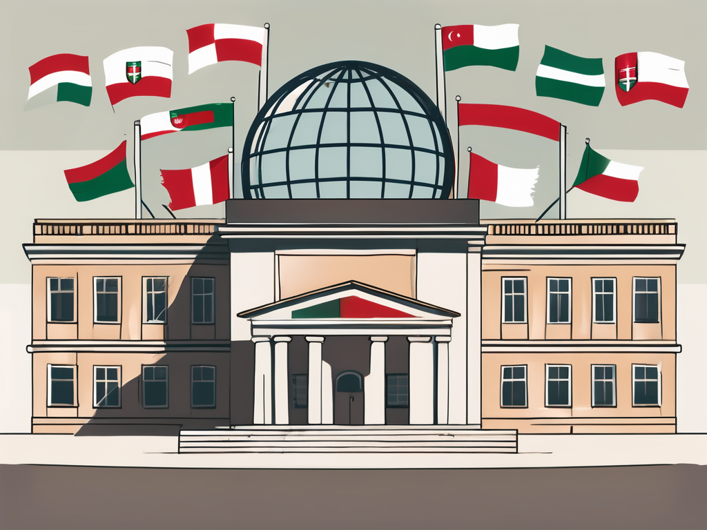 A traditional hungarian school building with a globe and various international flags in the foreground