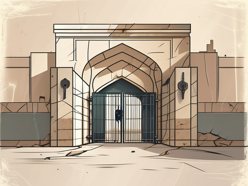A traditional saudi arabian school building with visible cracks and a broken lock on the entrance gate
