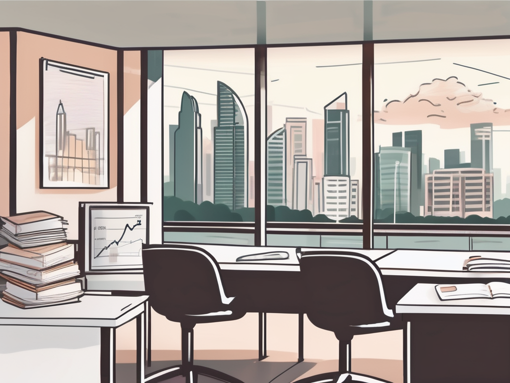 A classroom setting with a few teaching aids and the iconic singapore skyline in the background