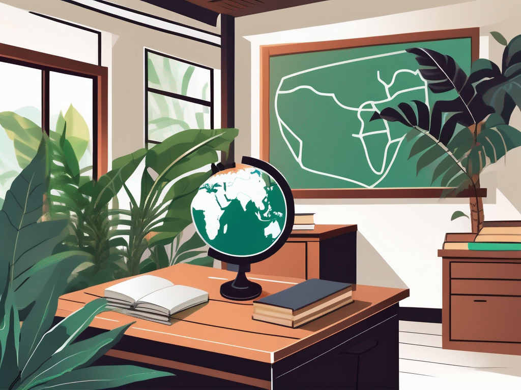 A thai classroom setting with an empty teacher's desk