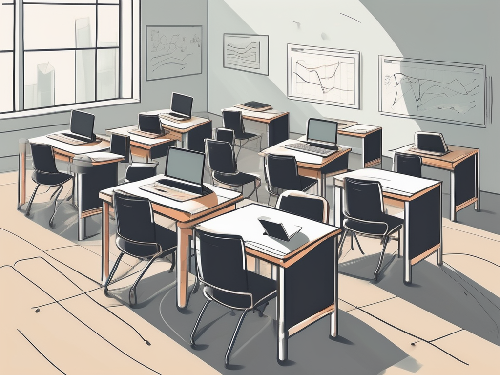 A classroom setting in saudi arabia with scattered desks