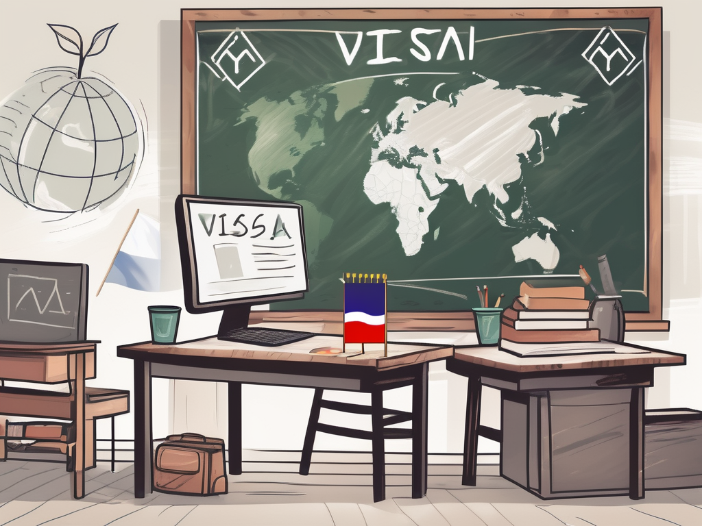 A classroom setting in thailand with a chalkboard displaying a visa symbol