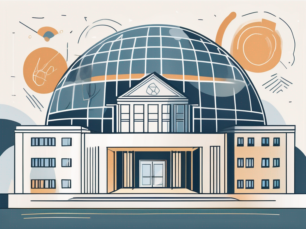 An international school building in luxembourg with diverse educational symbols like a globe