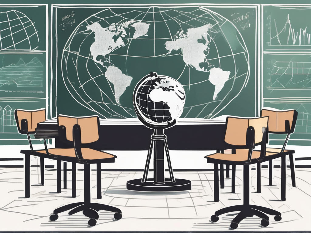 A classroom setup with a globe