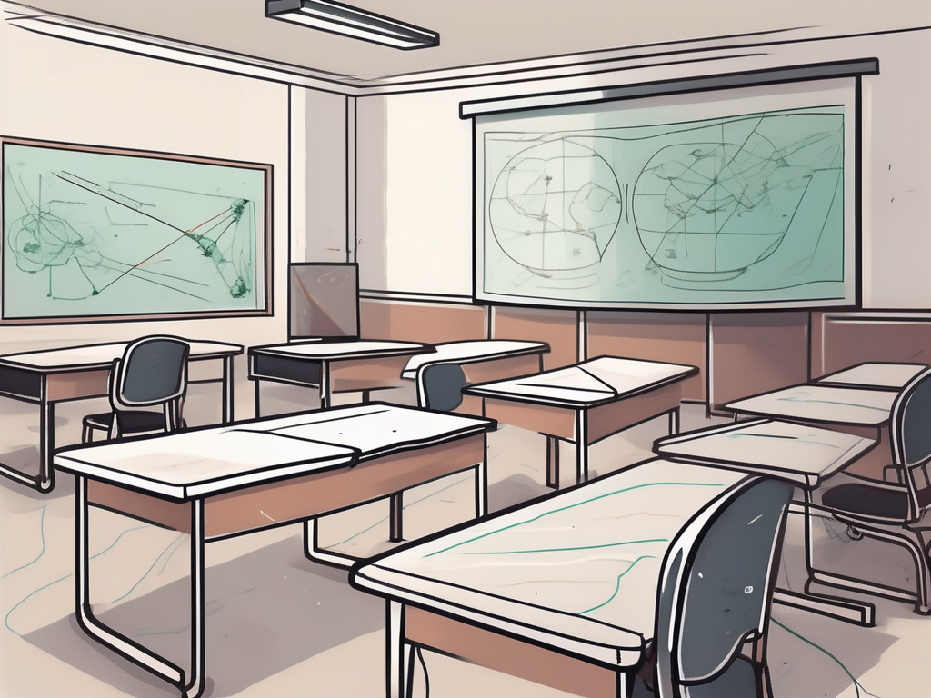 A classroom setting with contrasting elements on two halves