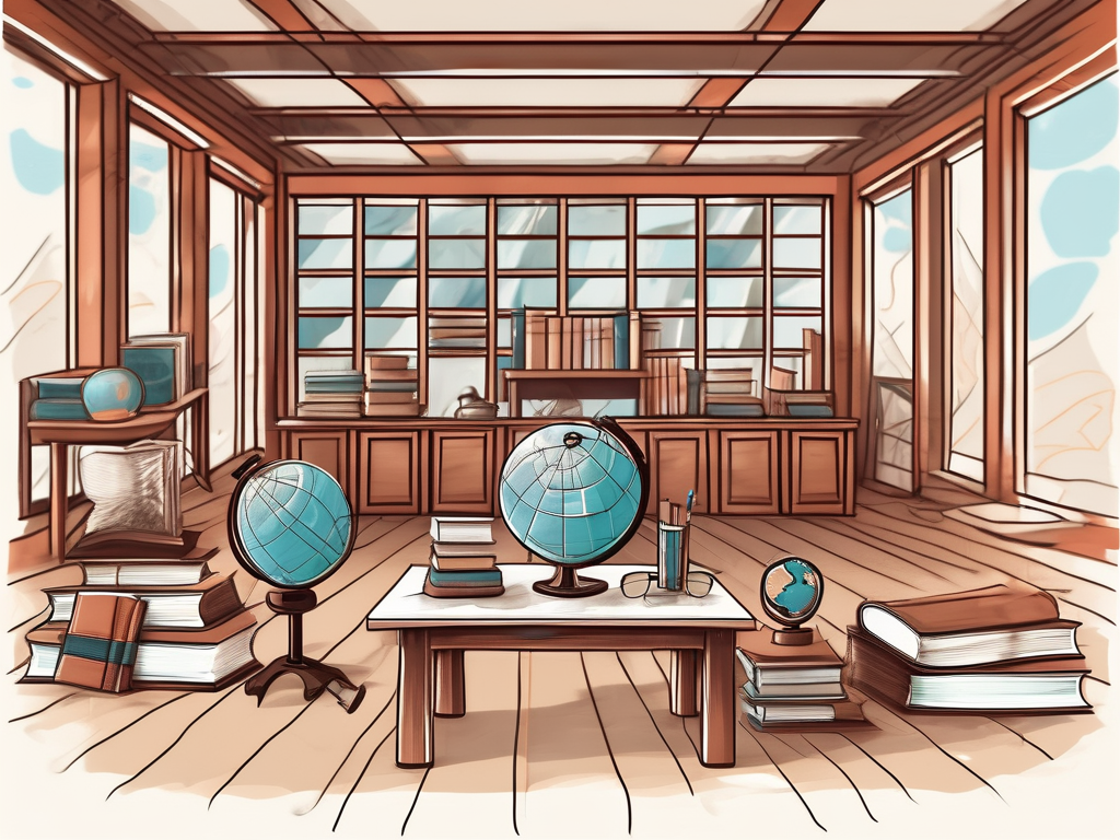 A traditional mongolian school building with a globe and various educational tools like books
