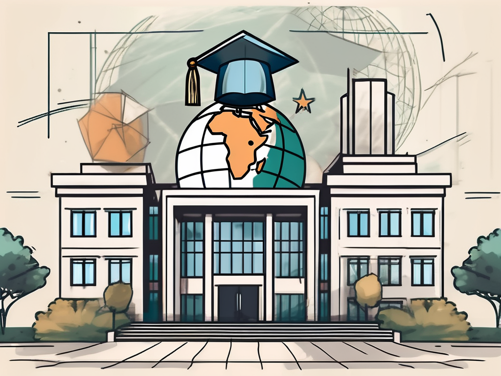 An international school building in pakistan with various educational symbols like books