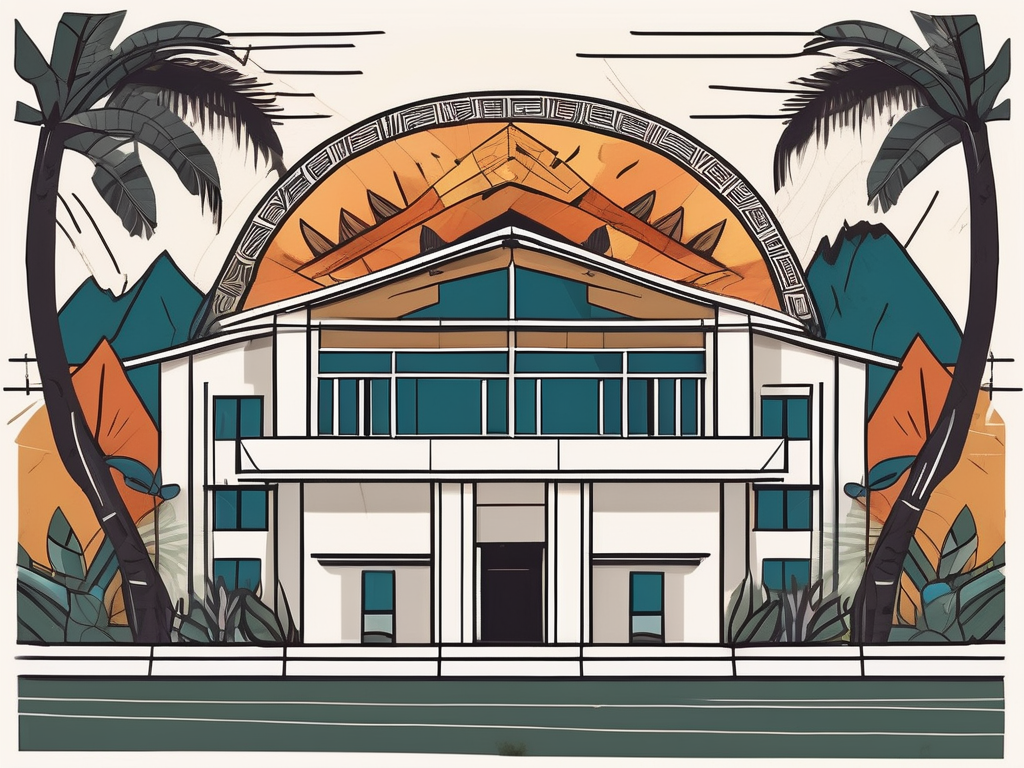 An international school building surrounded by papua new guinea's distinctive landscapes and symbols