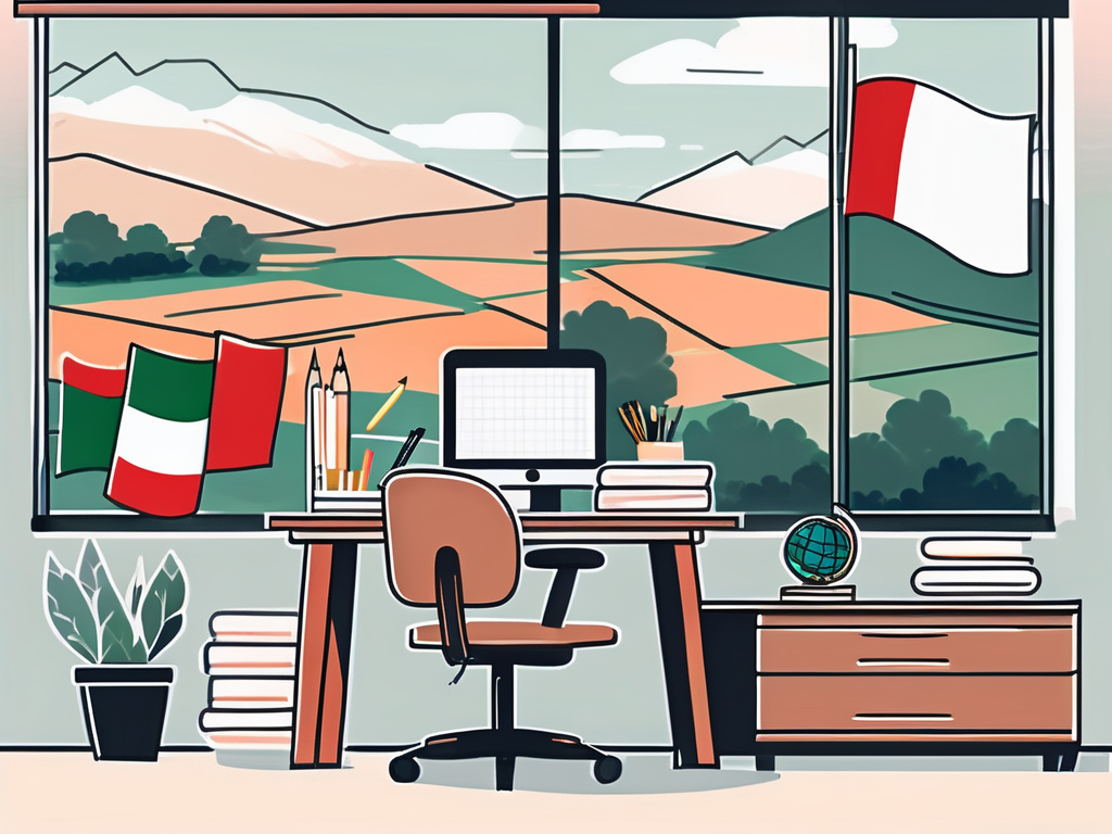 A classroom with international flags