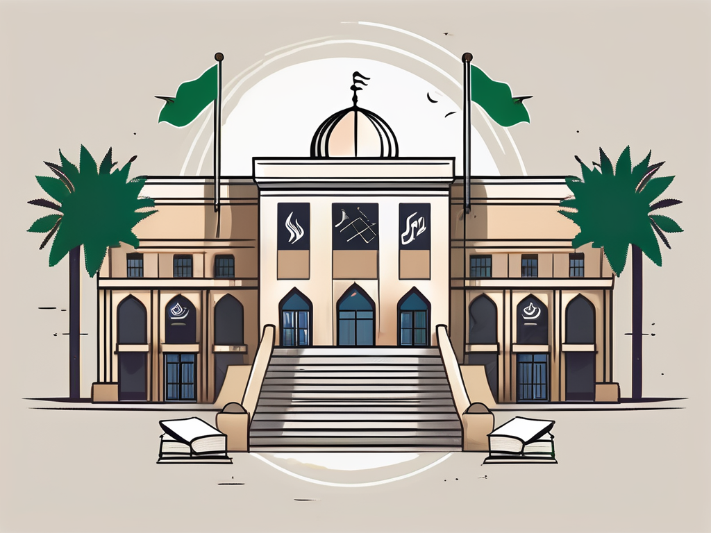 A traditional saudi arabian school building with various international flags waving in the breeze