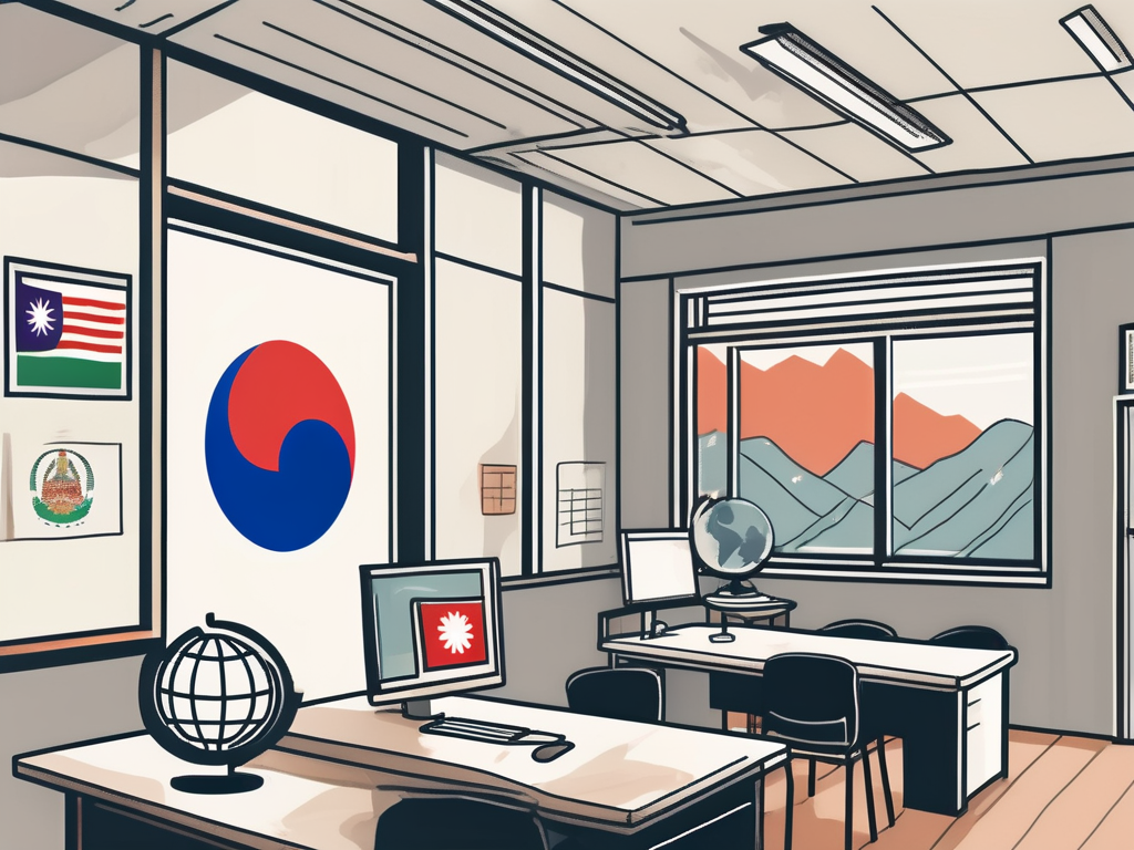 A classroom with international flags hanging from the ceiling