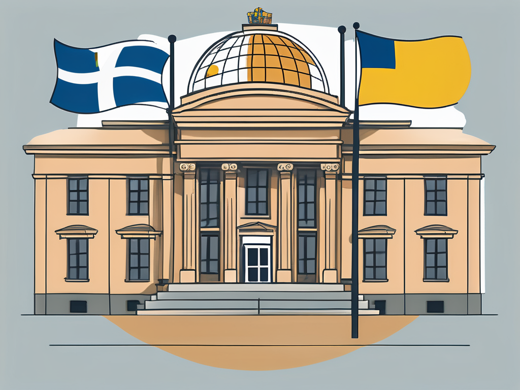 A traditional swedish school building with a globe and various international flags in the foreground