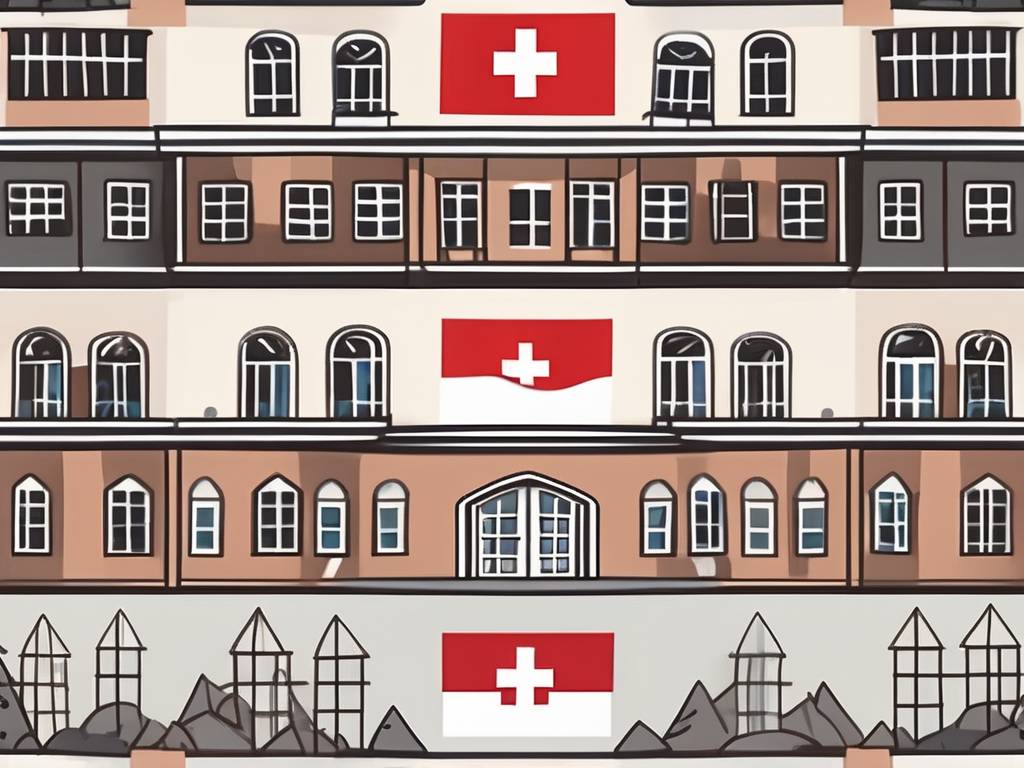 A swiss international school building surrounded by iconic swiss elements like mountains and a swiss flag