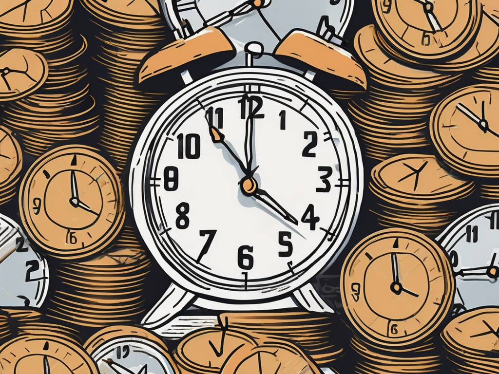 A classroom clock juxtaposed with a diminishing stack of coins