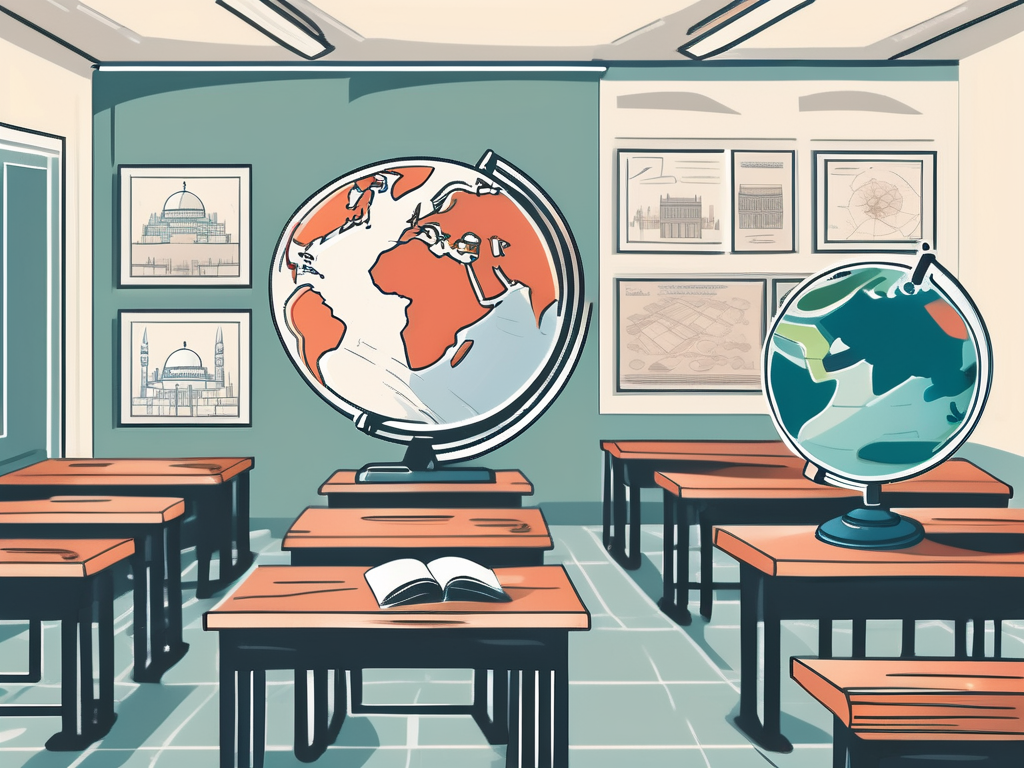 A classroom setting with a globe