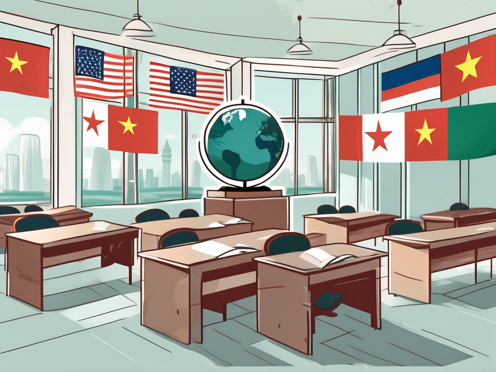 A classroom environment with various international flags