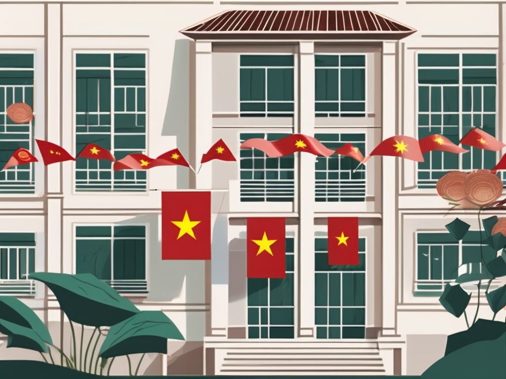 An international school building in hanoi with various national flags fluttering in the wind