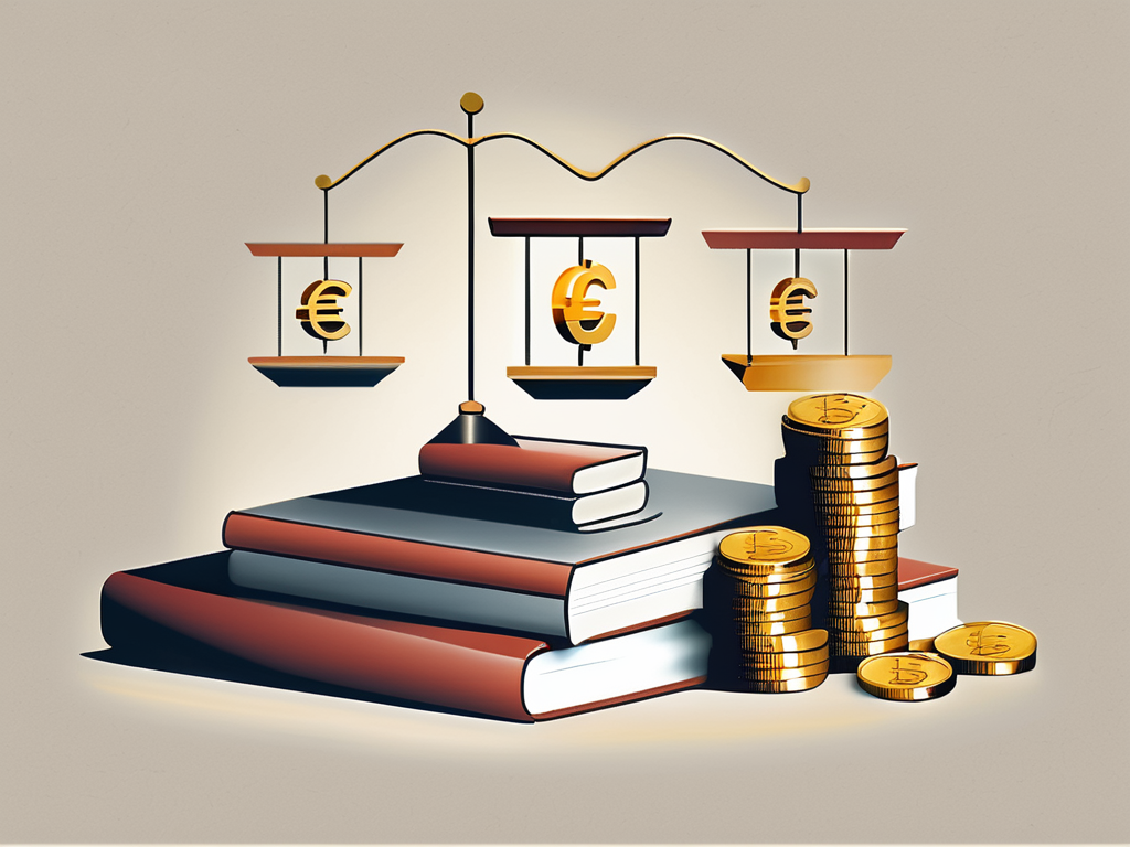 A belgian international school building with a symbolic scale balancing books and euro coins