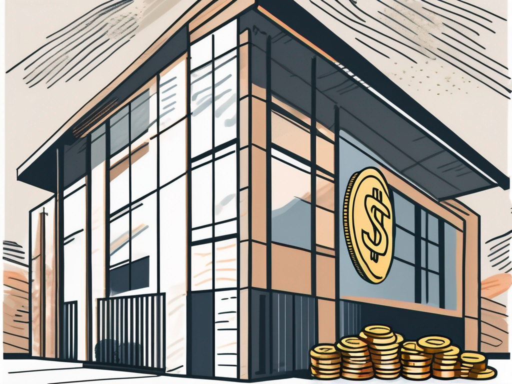 A typical international school building in brazil with a symbolic stack of coins or a money bag nearby