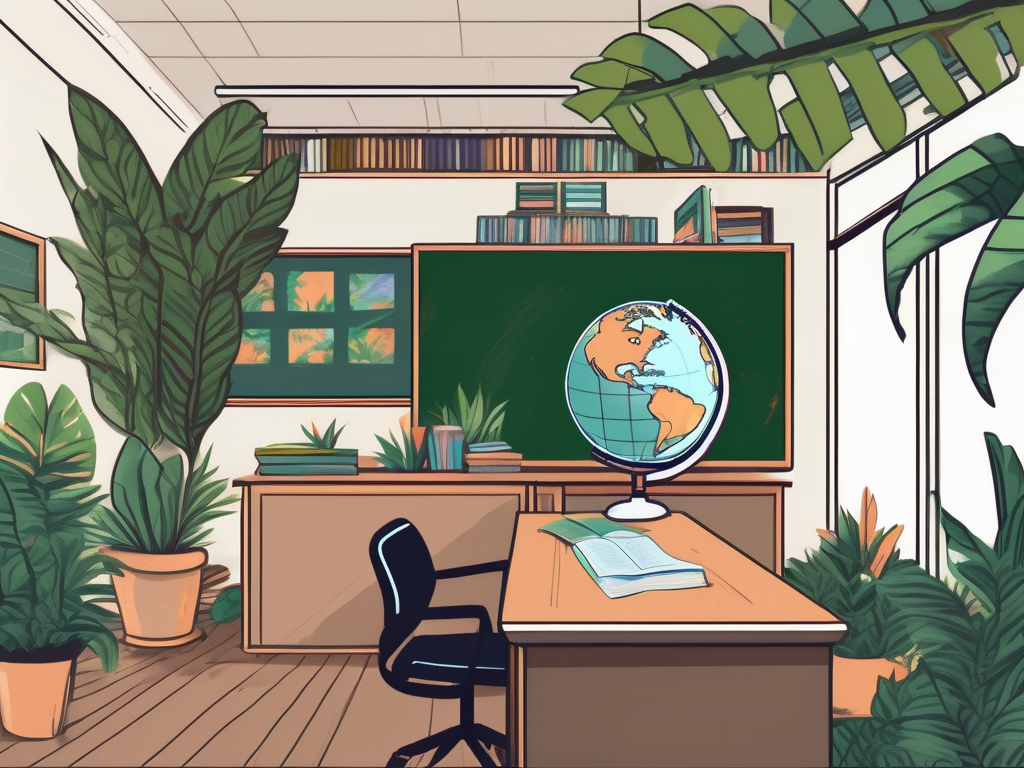 A classroom setting in brunei with a teacher's desk