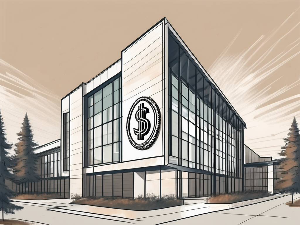 A typical canadian international school building with a symbolic dollar sign hovering above it