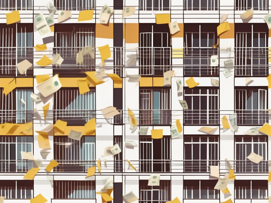 An international school building in bogota with a symbolic representation of colombian peso notes floating around it