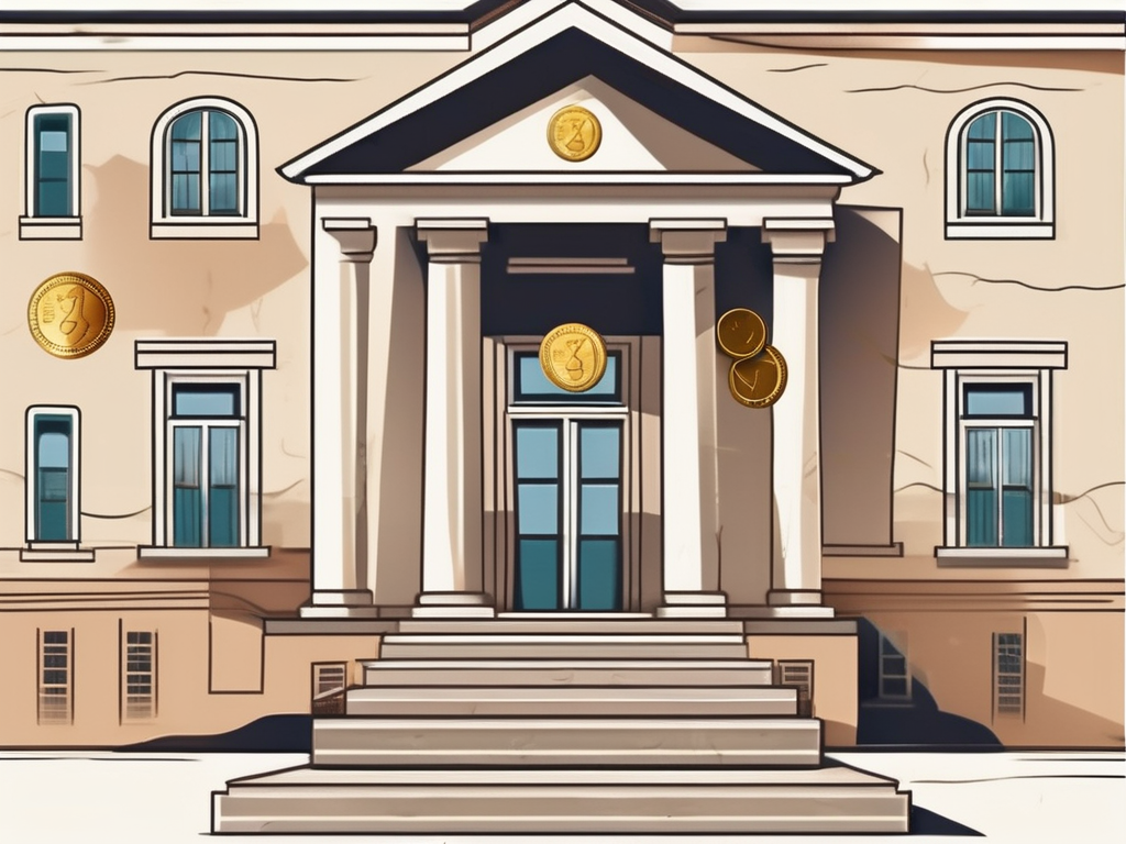 A traditional cypriot school building with a scale balancing books and coins