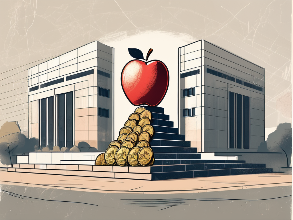 An international school building in egypt with a scale balancing a stack of coins and an apple