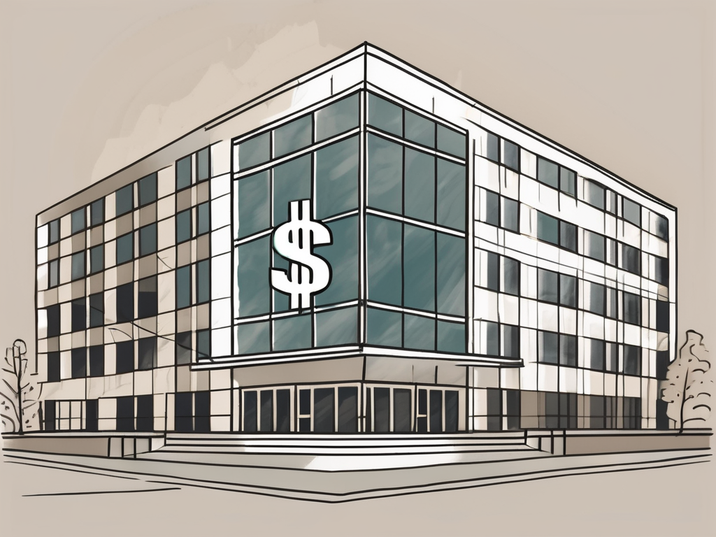 An international school building in new york with a symbolic dollar sign hovering above it