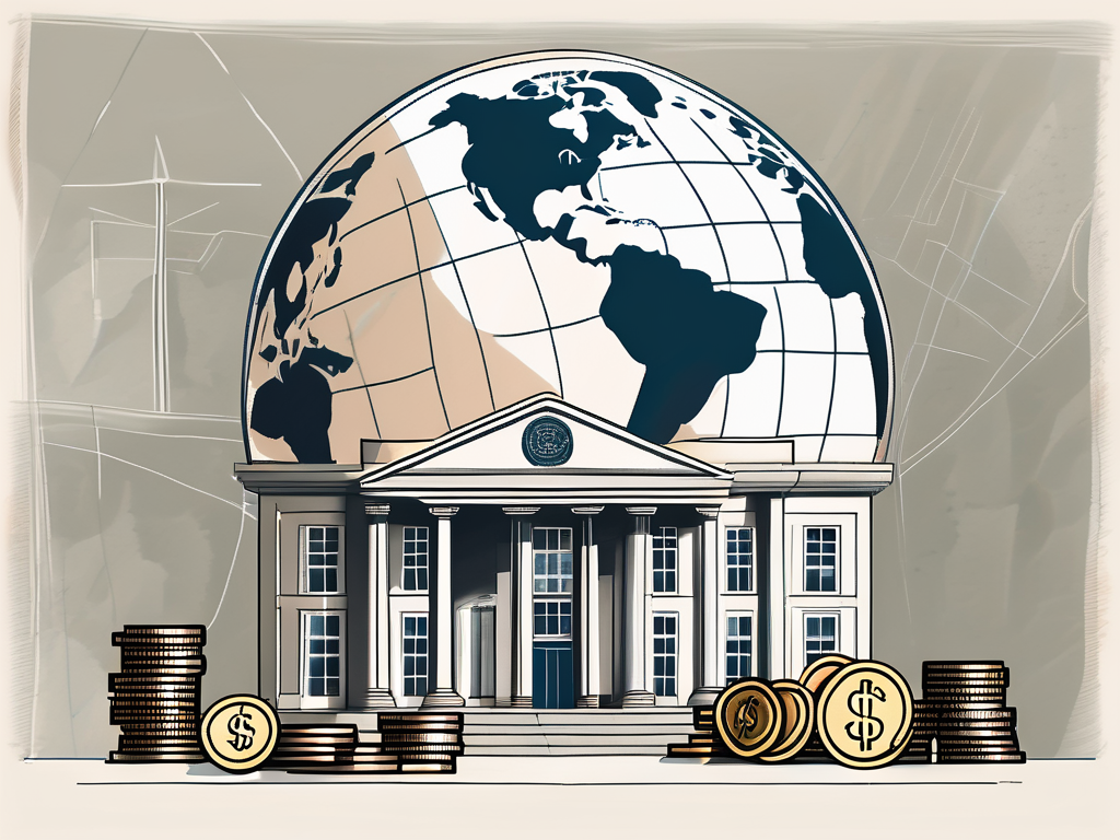 A traditional german school building with a globe and a stack of coins symbolizing international education and salary