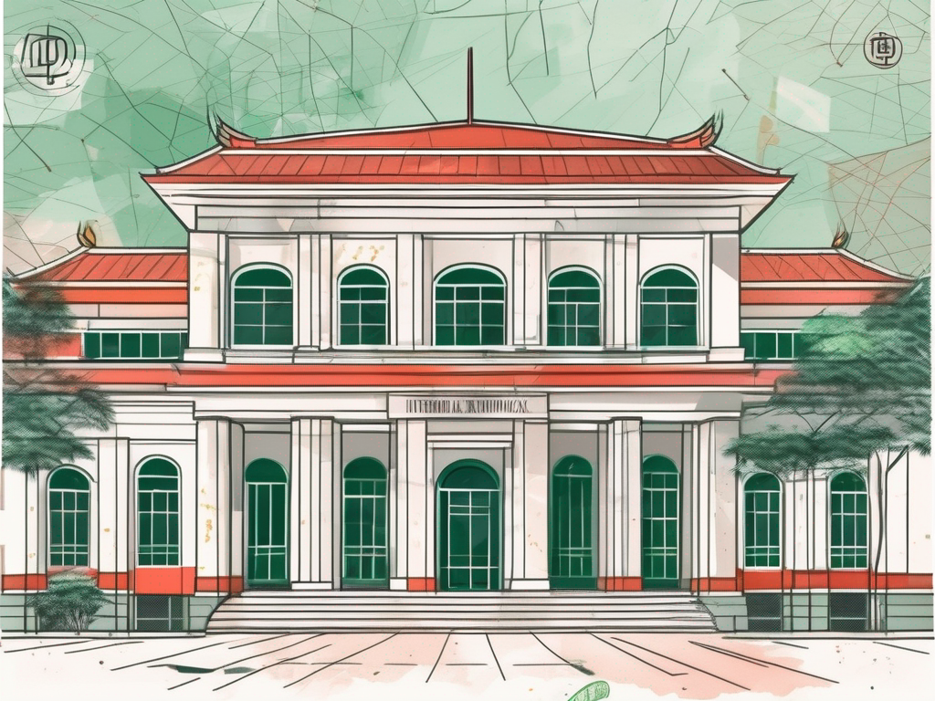 An international school building in ho chi minh city with a symbolic representation of vietnamese dong (currency) floating around it