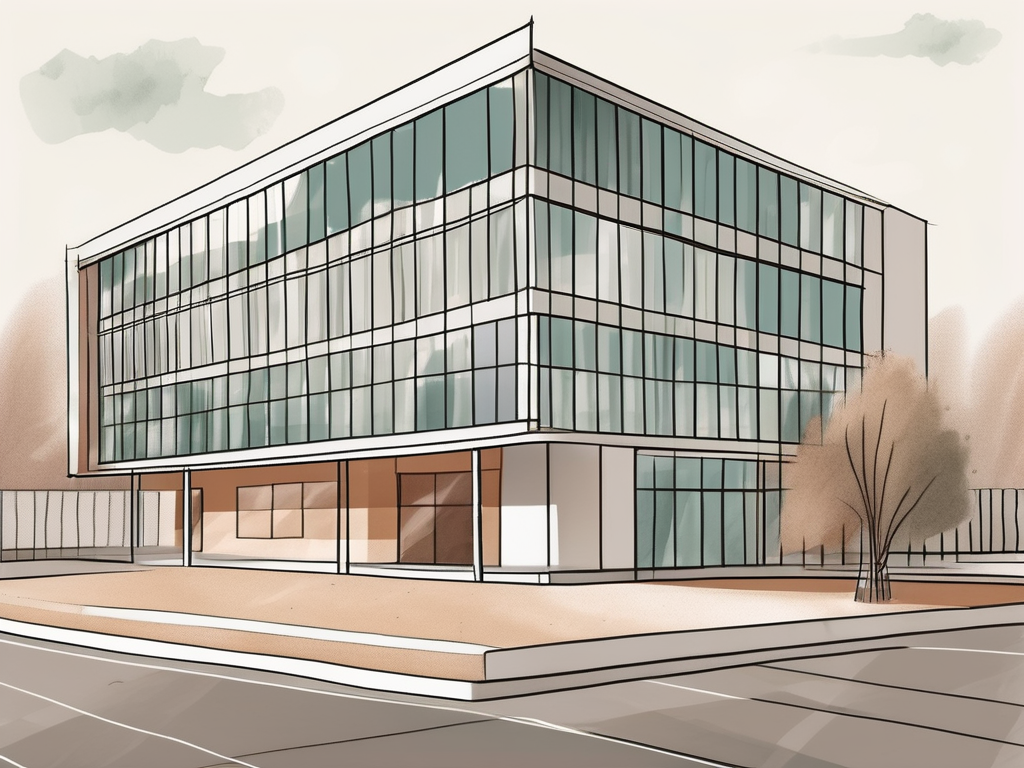 A typical international school building in madrid with a symbolic money bag placed on the school grounds